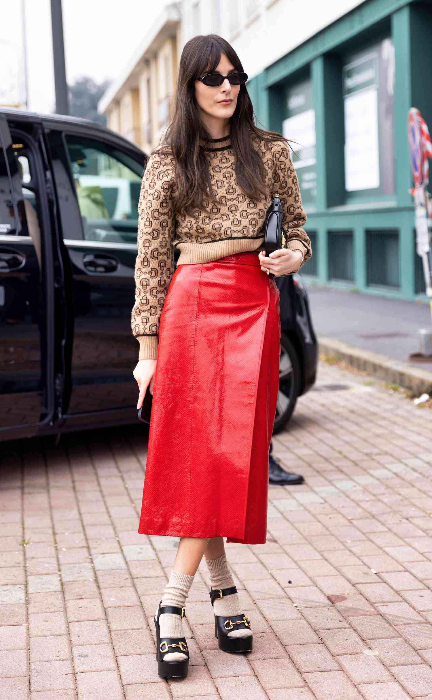 Bold Statement: Red Leather Wrap Skirt with Patterned Sweater Bold Statement: Red Leather Wrap Skirt with Patterned Sweater — Leather Skirt Outfits