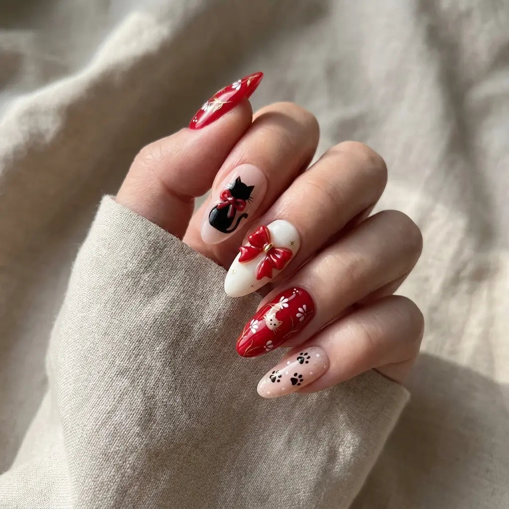 3D Hand-Painted Cat and Bow Nail Art — Cherry Red Nails