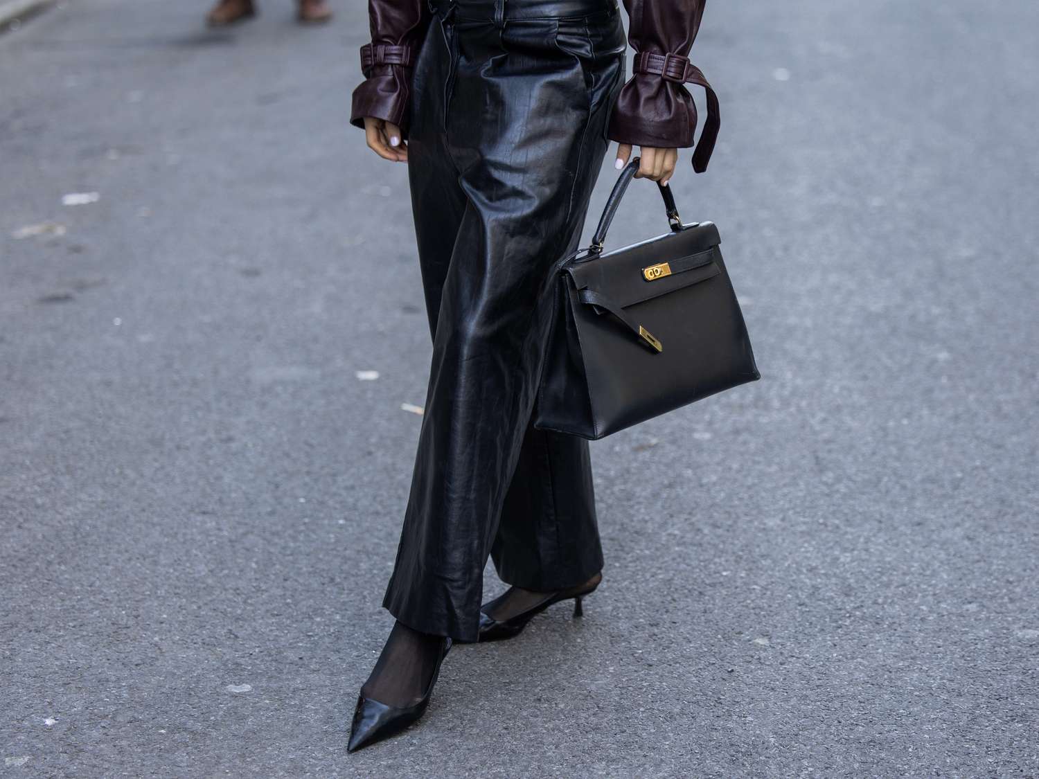 Sophisticated Black Leather Pants with Burgundy Jacket — Leather Pants Outfits