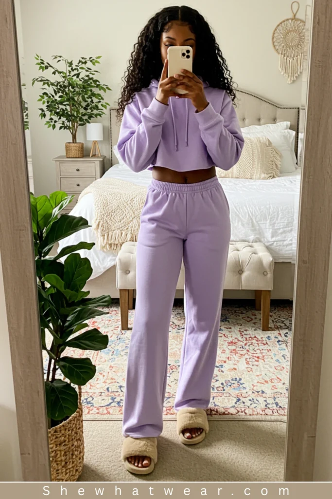 Effortless Comfort: Lavender Cropped Hoodie Matching Set Effortless Comfort: Lavender Cropped Hoodie Matching Set — Hoodie Outfits