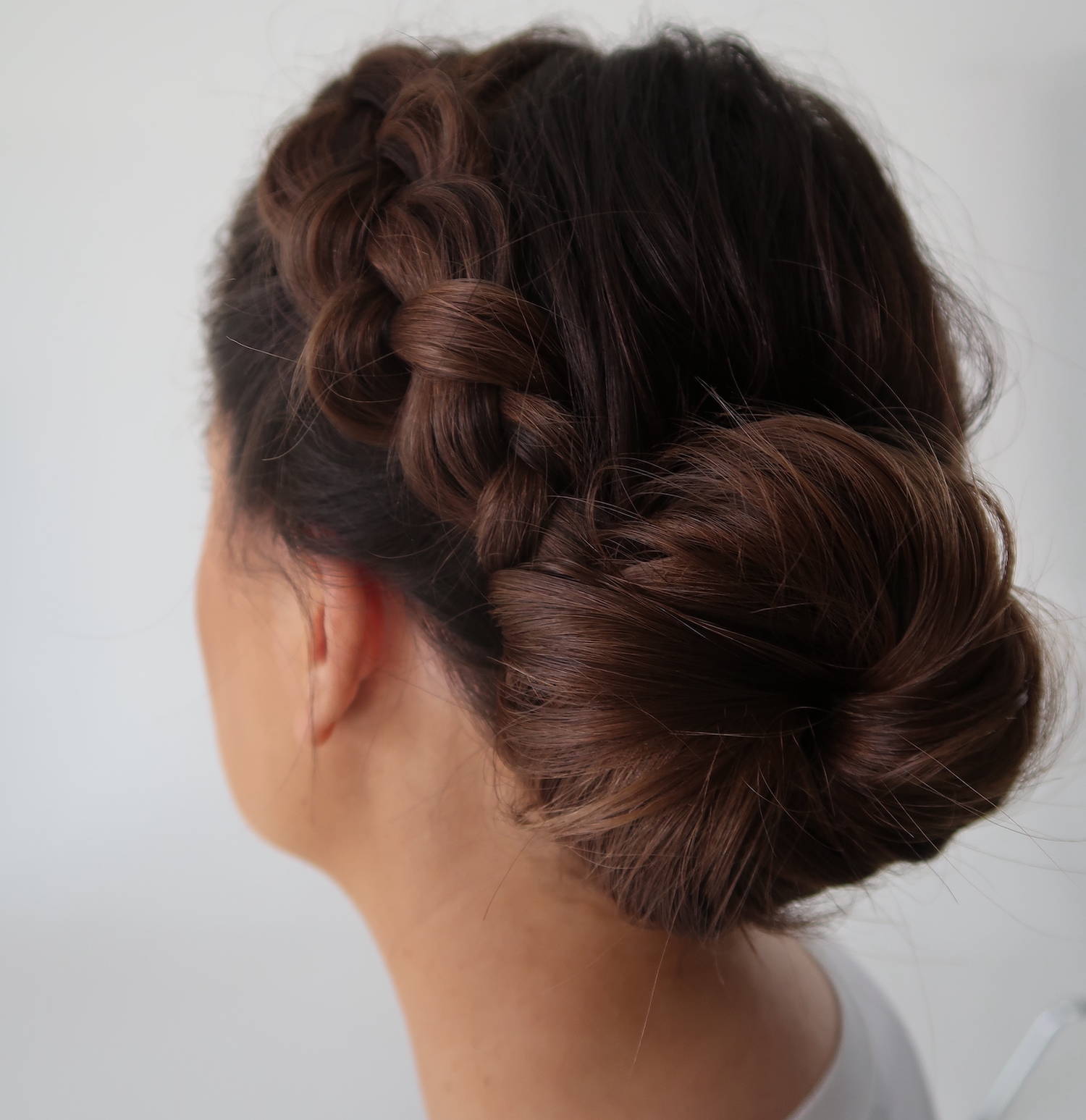 Dark Brown Braided Updo With Textured Braid — Winter Formal Hairstyles