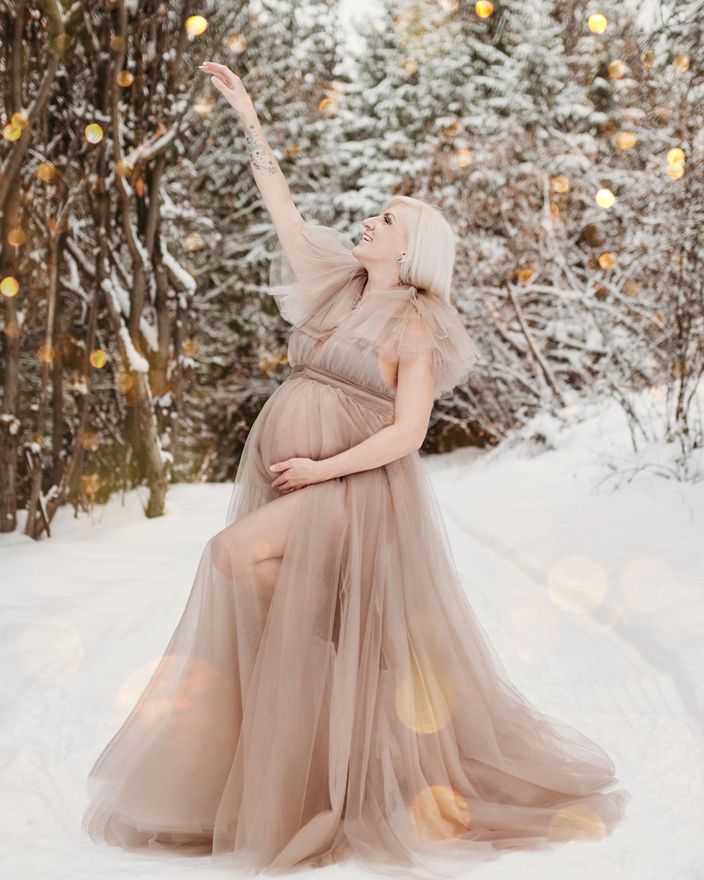 Ethereal Maternity Look with a Ruffled Tulle Gown — Winter Photoshoot Outfits