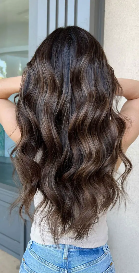 Mid-Back Dark Brown With Ash Blonde Highlights Mid-Back Dark Brown With Ash Blonde Highlights — Winter Balayage
