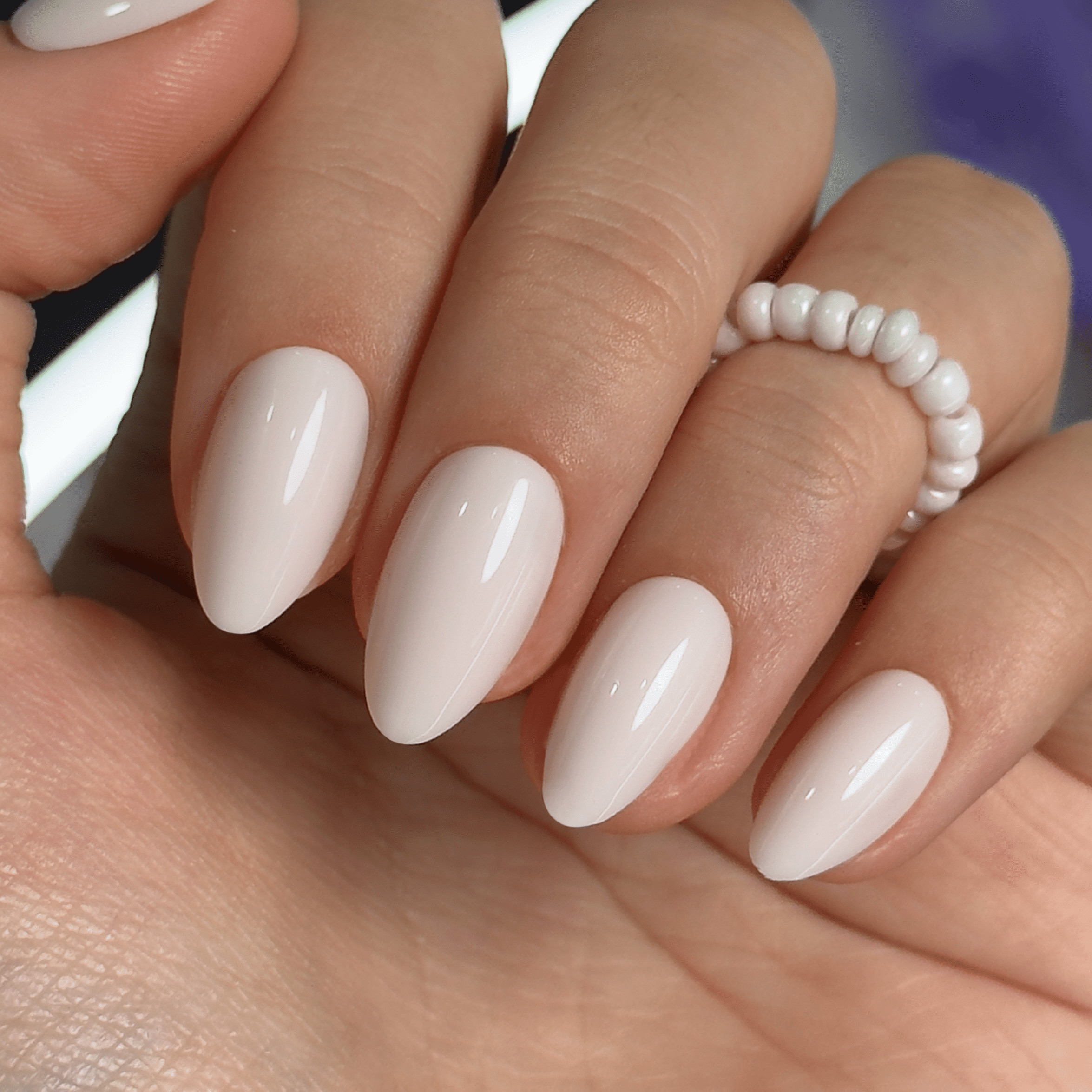 Winter Milky Off-White Glossy Almonds Winter Milky Off-White Glossy Almonds — Short Winter Almond Nails