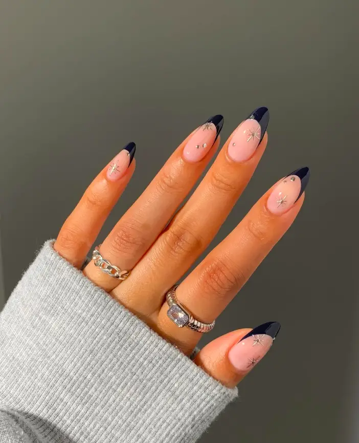 Navy French Tips with Star Charms Navy French Tips with Star Charms — Winter Almond Nails