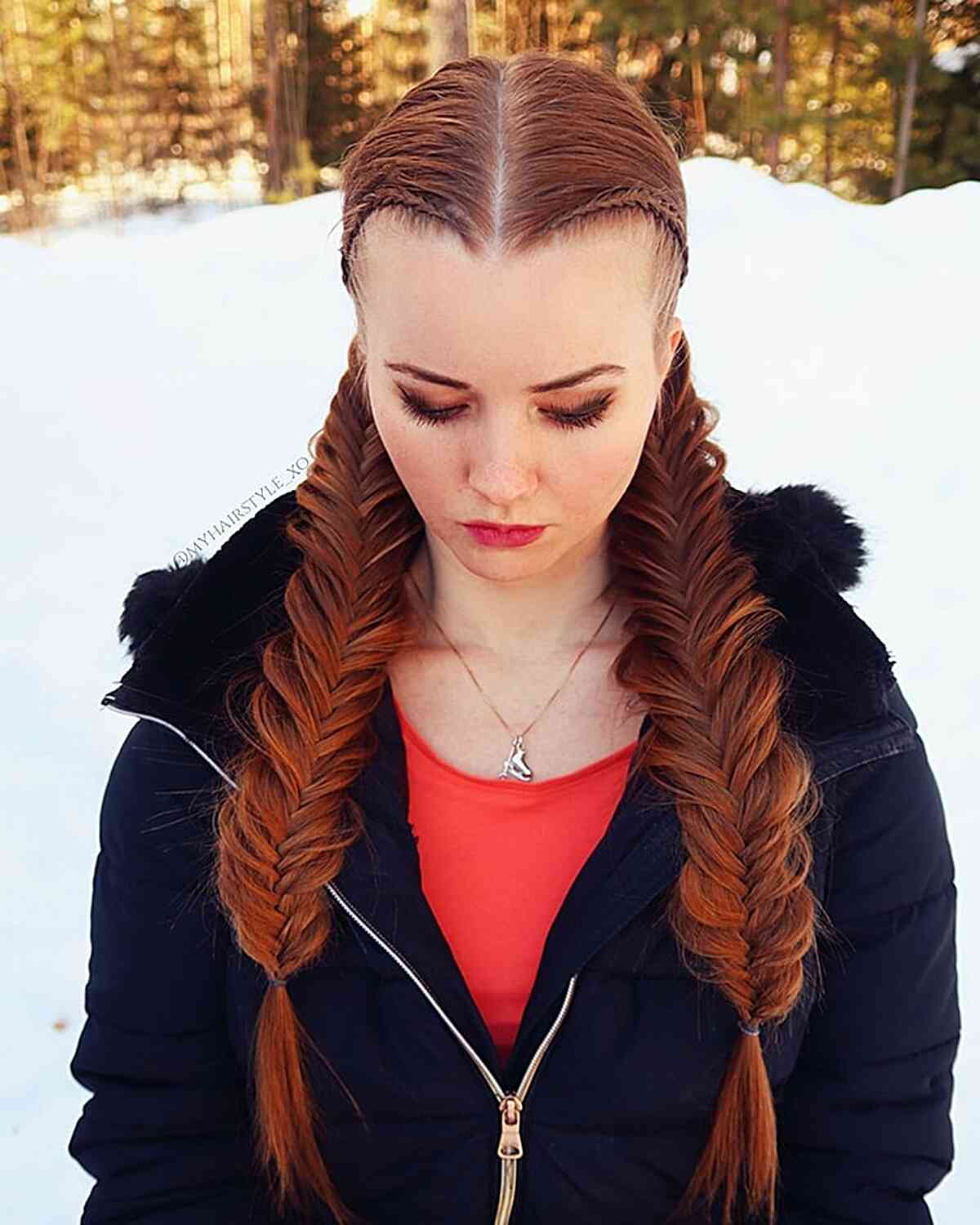 Auburn Double Fishtail Braids Auburn Double Fishtail Braids — Winter Hairstyles for Long Hair