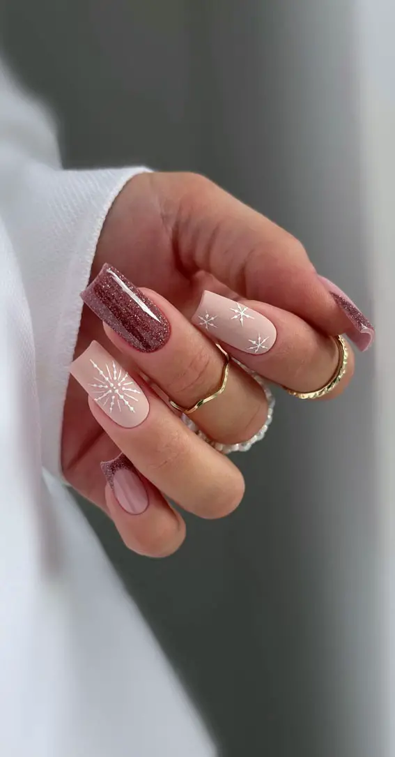 Matte Nude with Delicate Snowflakes and Glitter Matte Nude with Delicate Snowflakes and Glitter — Cute Winter Nails