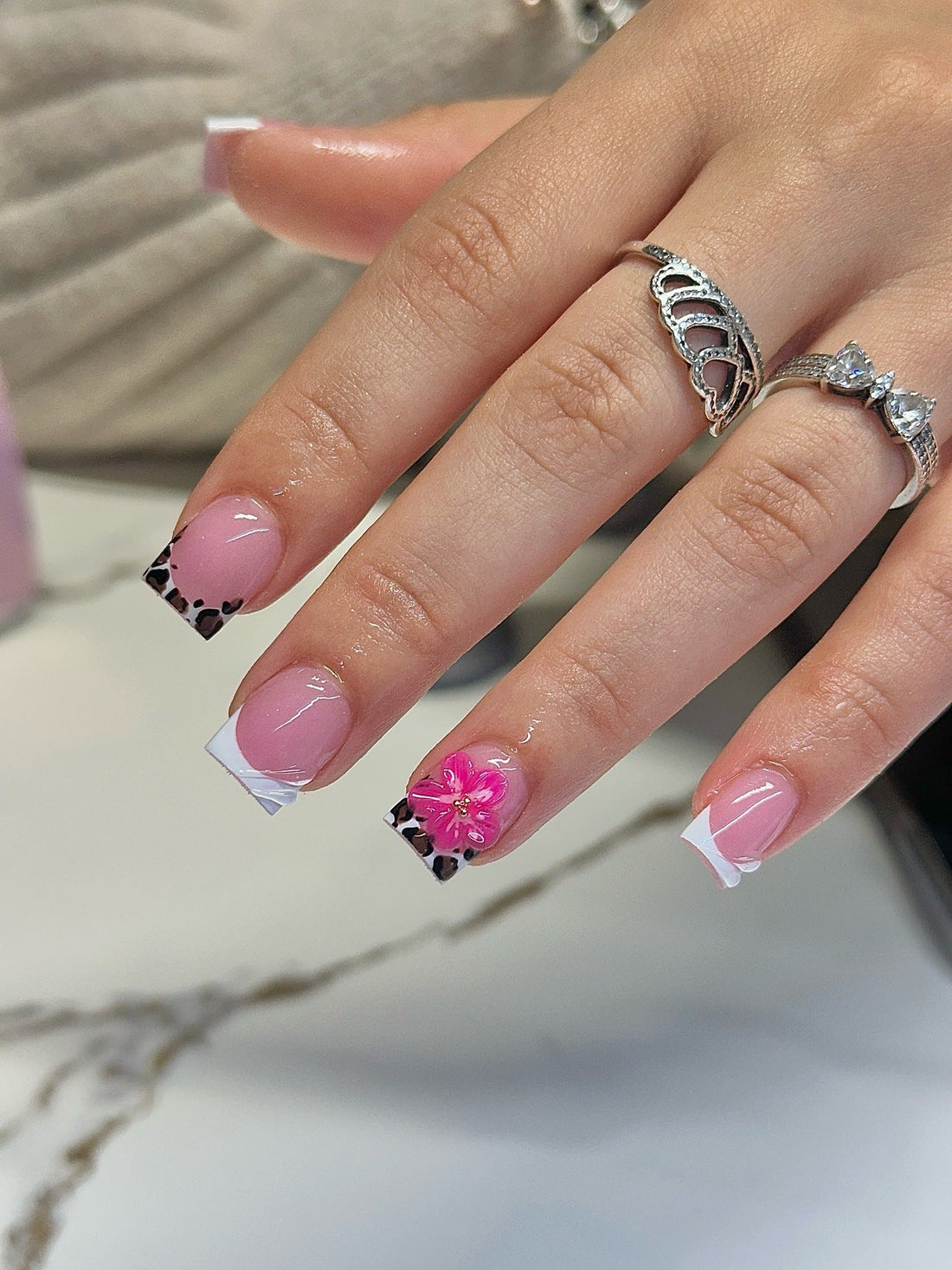 Pink French with Flower and Leopard Accents Pink French with Flower and Leopard Accents — Short Winter Square Nails