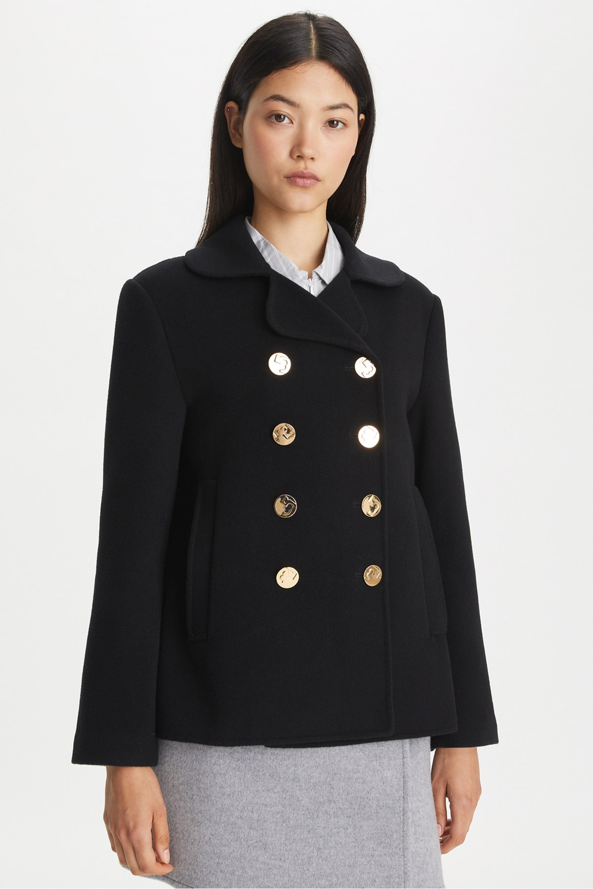 Cropped Black Peacoat with Gold Buttons and Grey Skirt — Peacoat Outfits