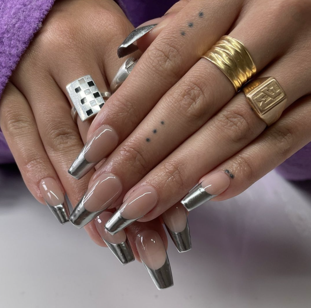 Both Hands Clear Base Silver Chrome French Tips with Dots — Silver Chrome Nails