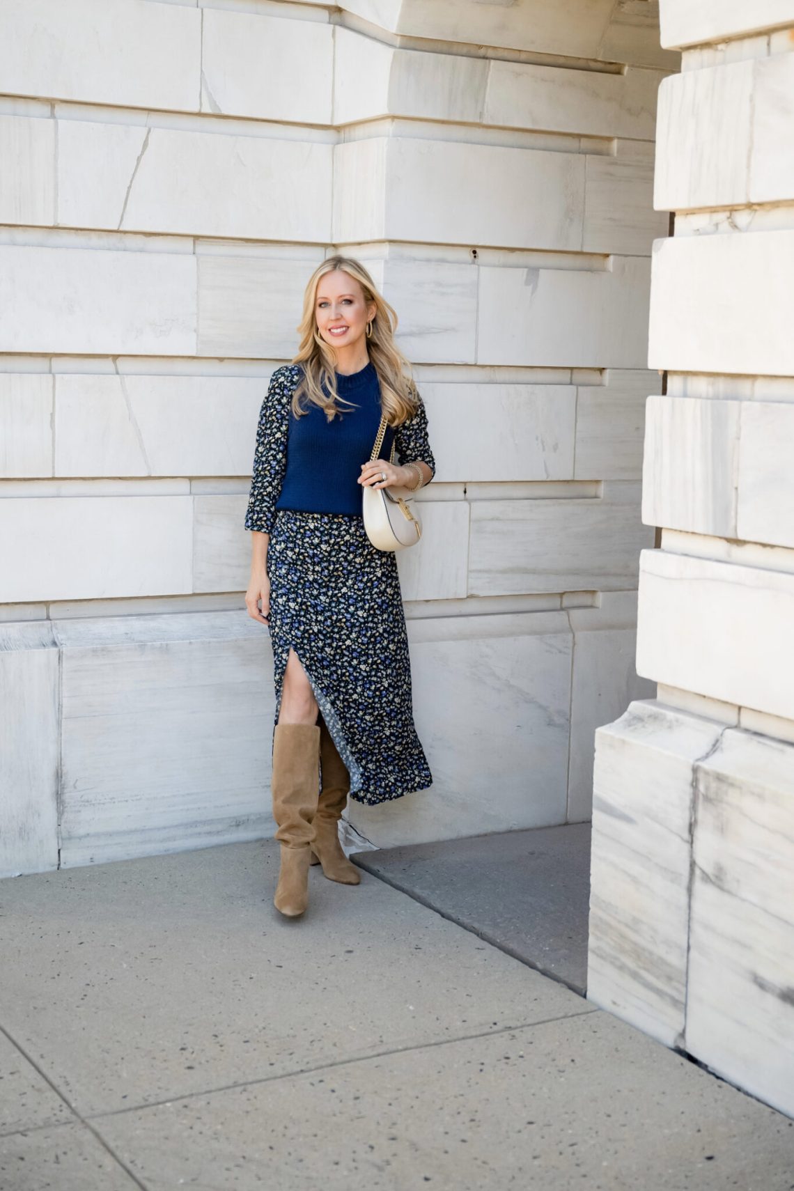Navy Floral Midi Skirt with Tan Suede Slouchy Boots Navy Floral Midi Skirt with Tan Suede Slouchy Boots — Slouchy Boots Outfits