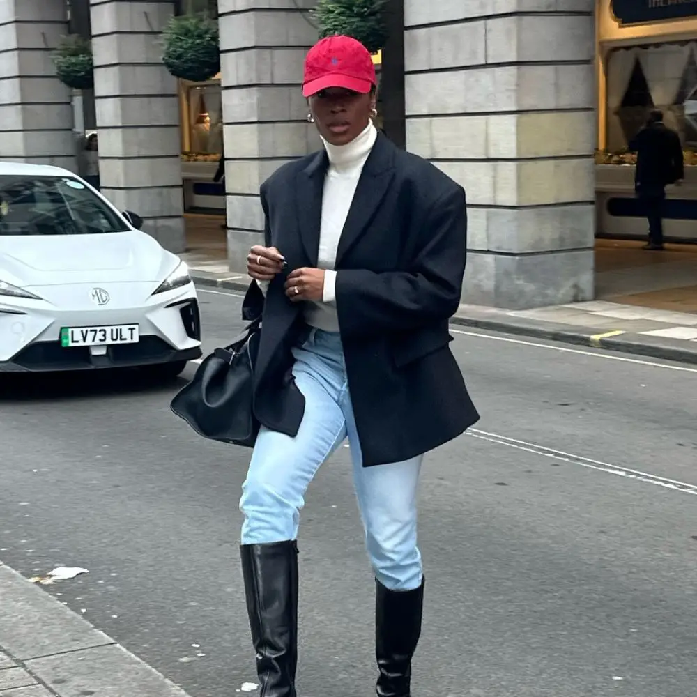 Leather Knee-High Boots with Jeans and an Oversized Blazer Leather Knee-High Boots with Jeans and an Oversized Blazer — Riding Boots Outfits