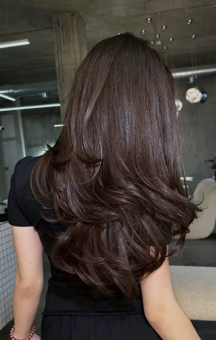 Mid-Back Espresso Layers With Soft Curls Mid-Back Espresso Layers With Soft Curls — Espresso Brown Hair