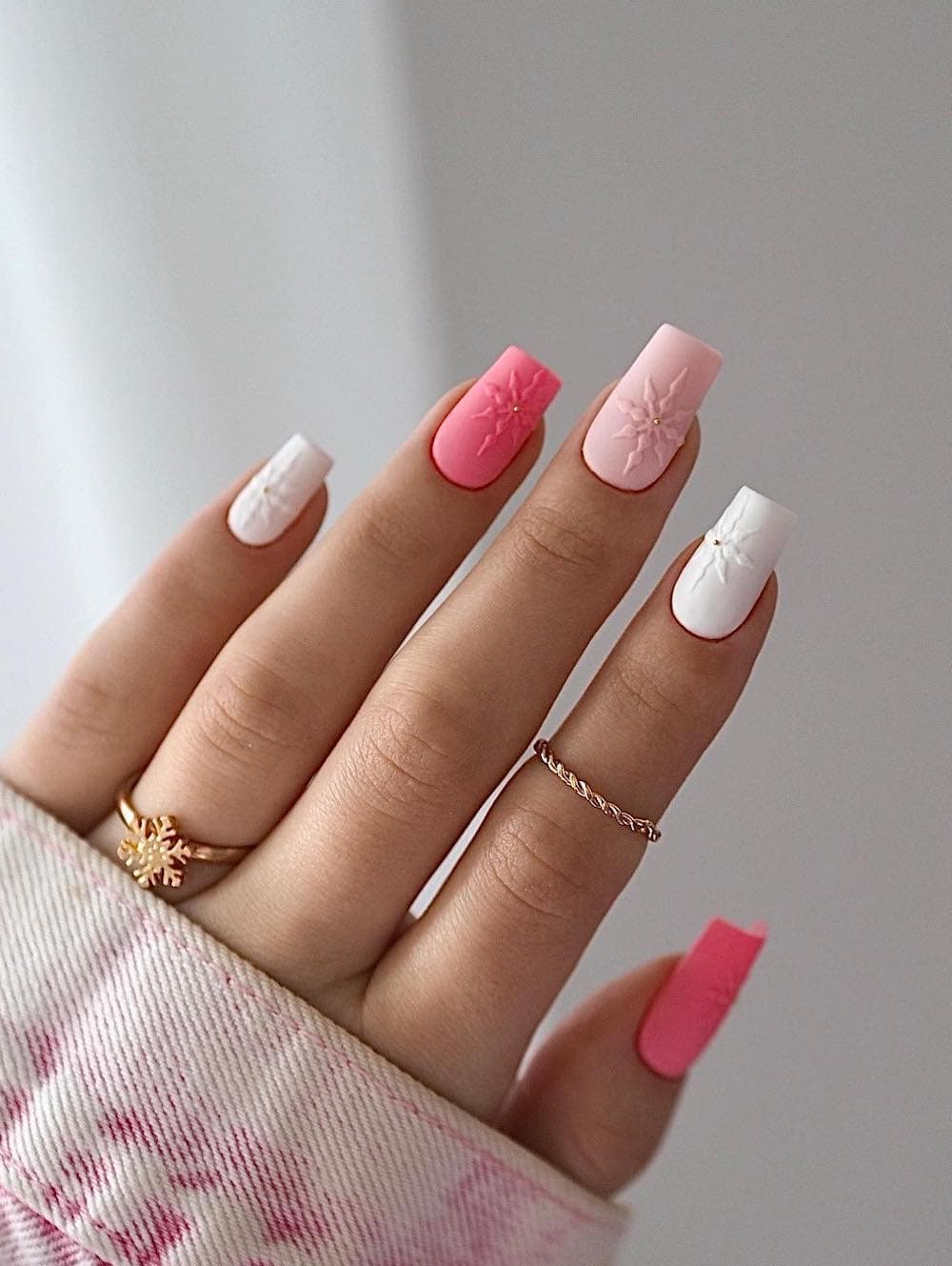 Matte Pink Snowflake Embossed Nails Matte Pink Snowflake Embossed Nails — Winter Square Nails