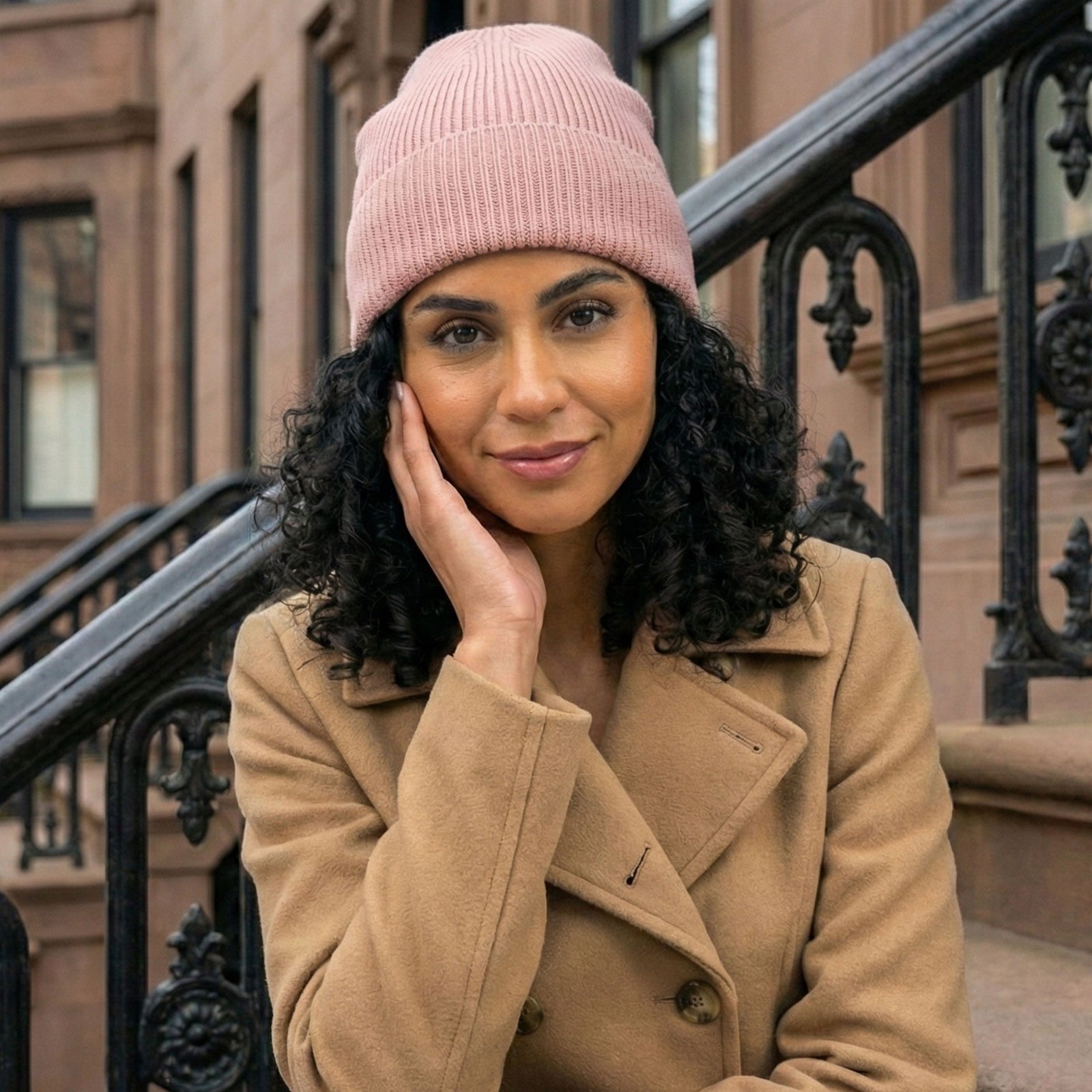 Curly Dark Brown Bob with Pink Beanie Curly Dark Brown Bob with Pink Beanie — Winter Hat Hairstyles