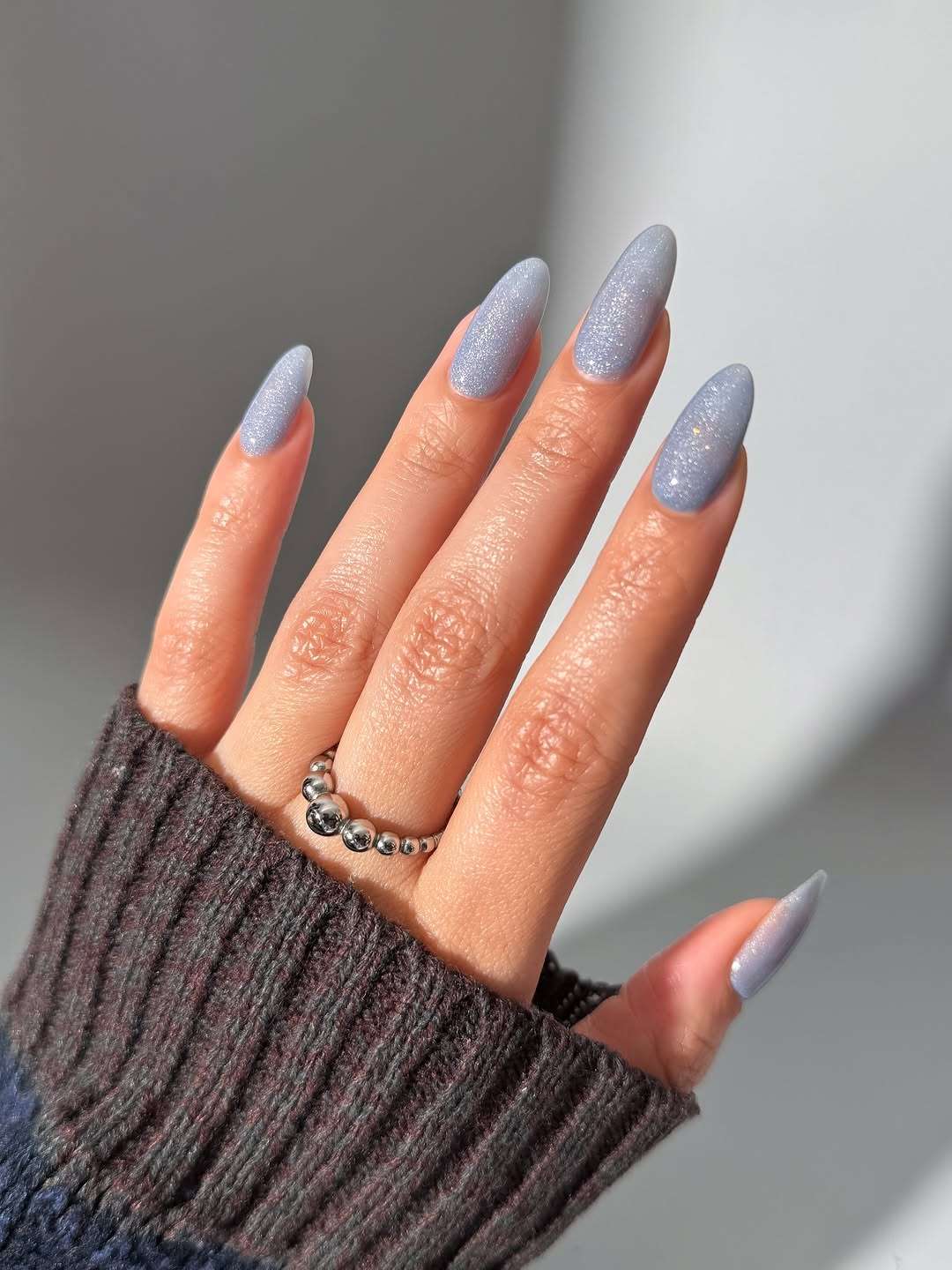 Pale Shimmering Blue Matte Almonds — Winter Nail Art