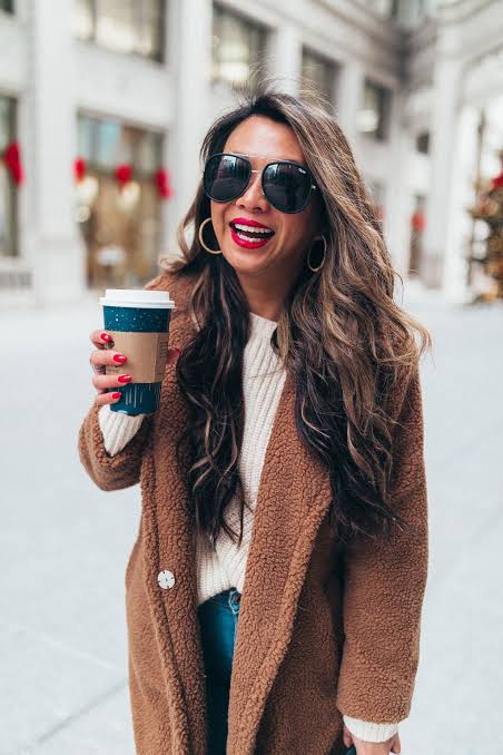 Textural Warmth: Teddy Fleece Coat Over Knit Sweater Textural Warmth: Teddy Fleece Coat Over Knit Sweater — Chicago Winter Outfits