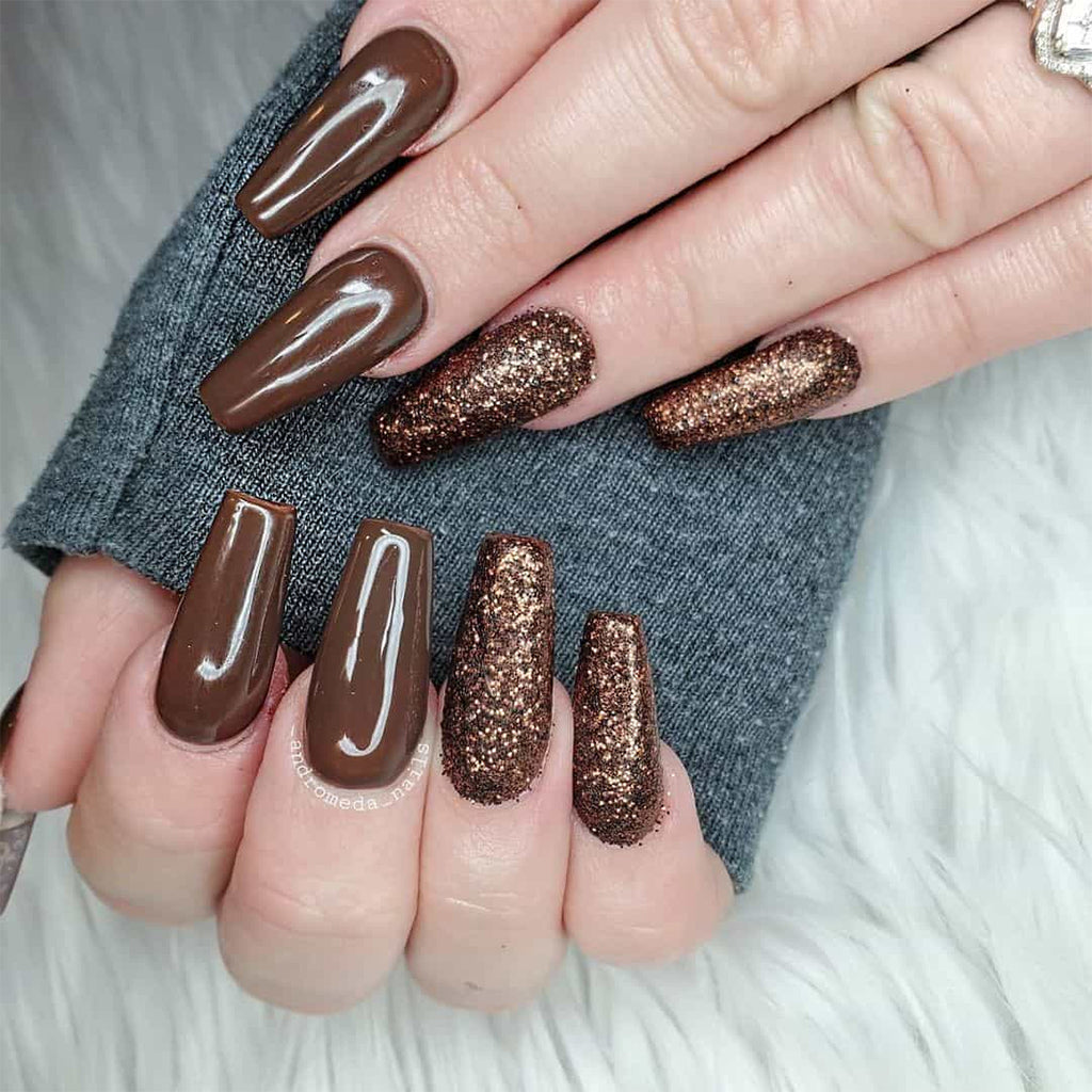 Chocolate Brown with Bronze Glitter Accents — Brown Nail Designs