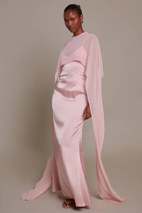 Pale Pink Satin Slip Dress with Flowing Chiffon Cape for a Winter Event — Winter Wedding Guest Outfits