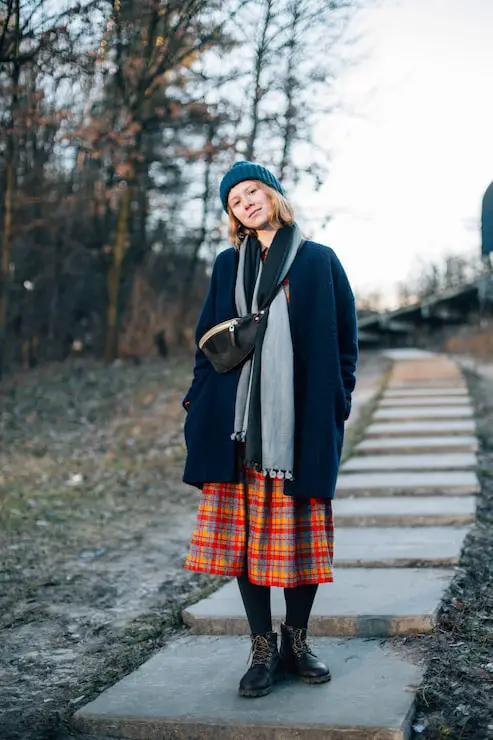 Navy Wool Coat Over Plaid Dress for a Classic Winter Ensemble Navy Wool Coat Over Plaid Dress for a Classic Winter Ensemble — Europe Winter Outfits