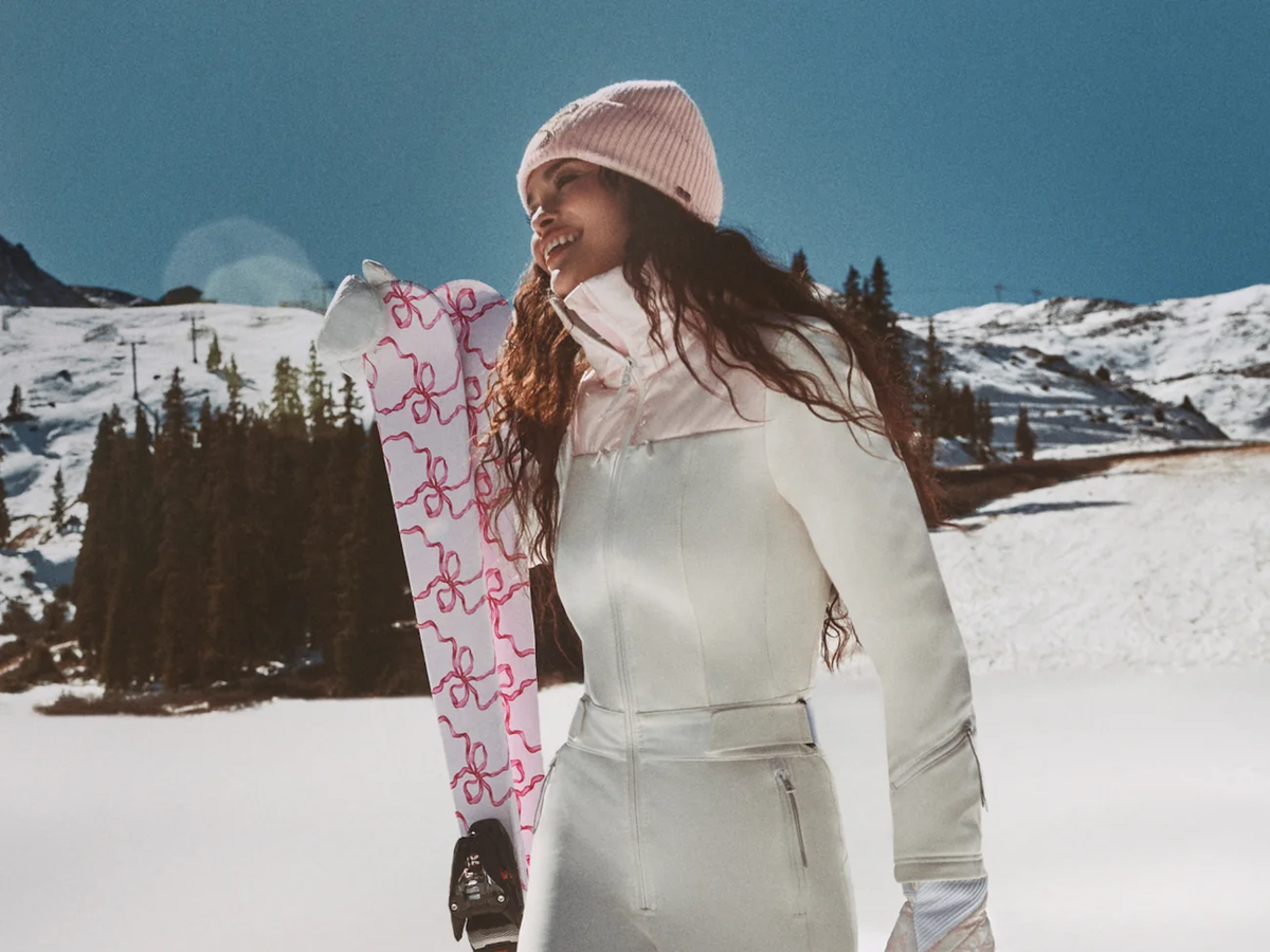 Off-White Ski Suit with Pink Accents Off-White Ski Suit with Pink Accents — Snowboarding Outfits