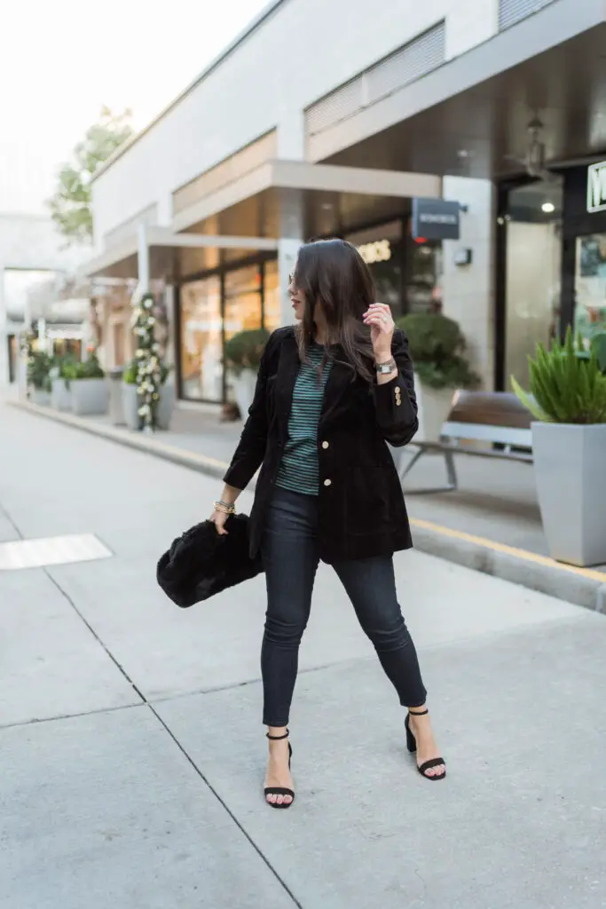 Velvet Blazer Adds Sophistication to a Striped Top and Jeans Velvet Blazer Adds Sophistication to a Striped Top and Jeans — Preppy Winter Outfits