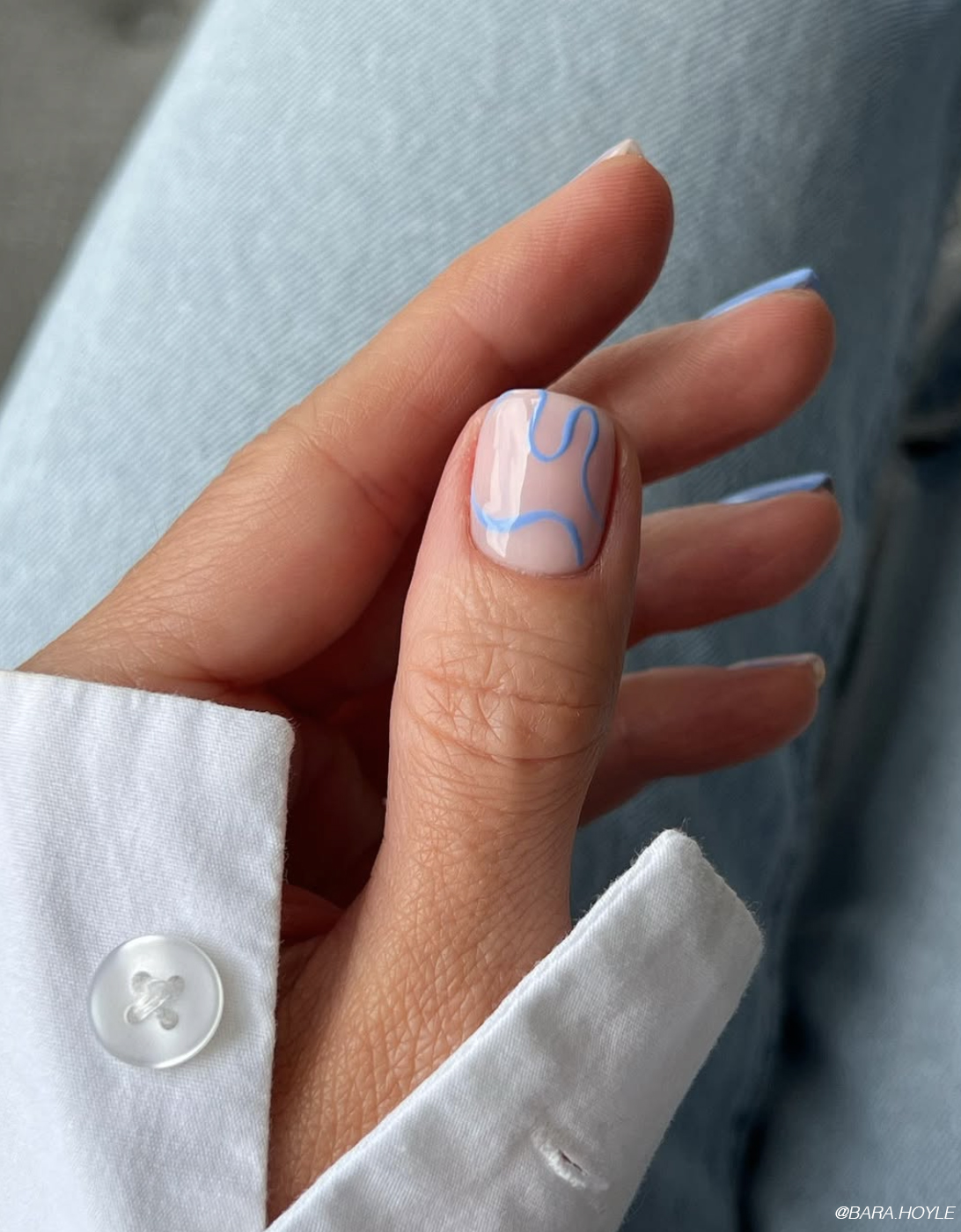 Minimalist Blue Wavy Lines on Nude Minimalist Blue Wavy Lines on Nude — Short Nail Designs