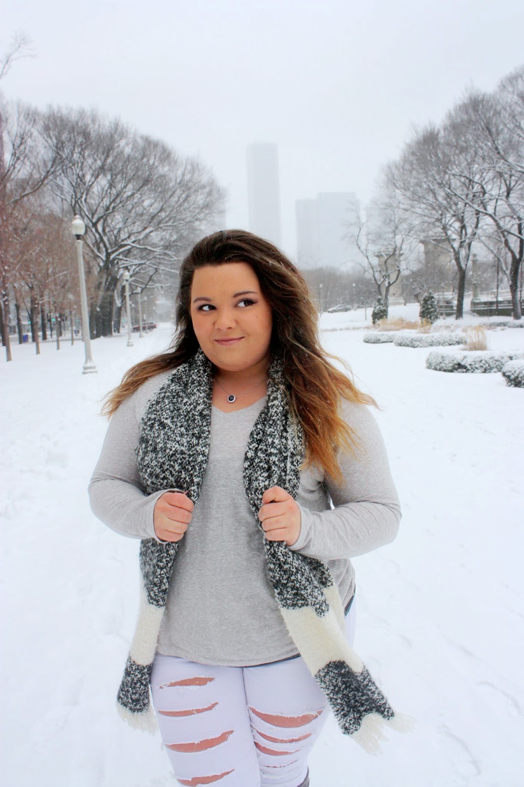Patterned Scarf Elevates a Simple Grey Top and Ripped Jeans — Snow Day Outfits