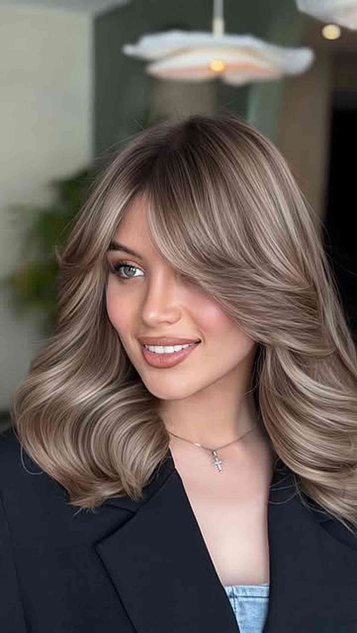 Lob With Ash Blonde Balayage Lob With Ash Blonde Balayage — Mushroom Brown Hair