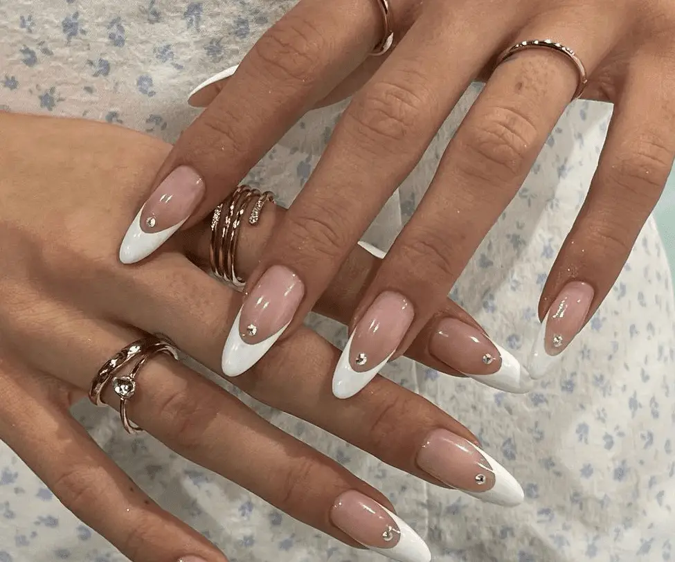 Classic French Almonds with Rhinestones Classic French Almonds with Rhinestones — Almond Nail Designs