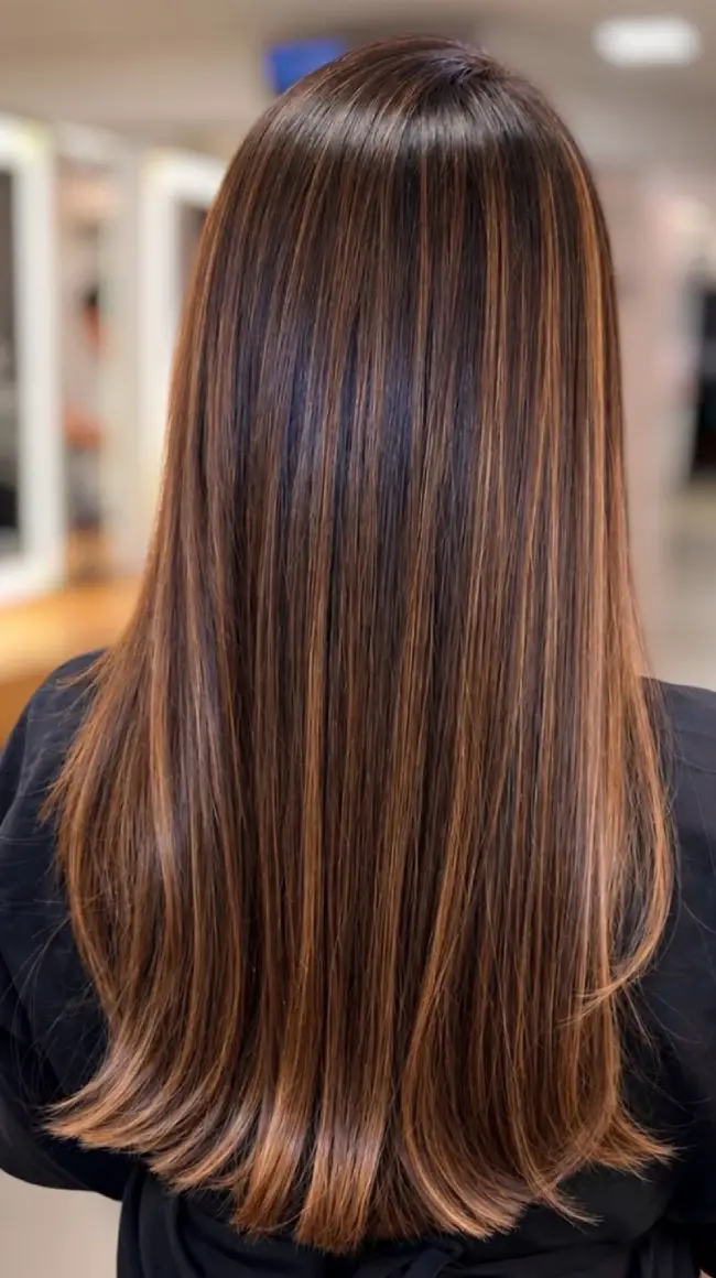 Long Straight Dark Brown With Vertical Cinnamon — Cinnamon Brown Hair