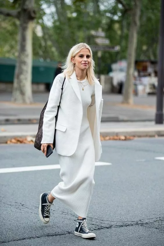 Monochrome White Knit Dress and Blazer with Black Accents — Colorful Winter Outfits