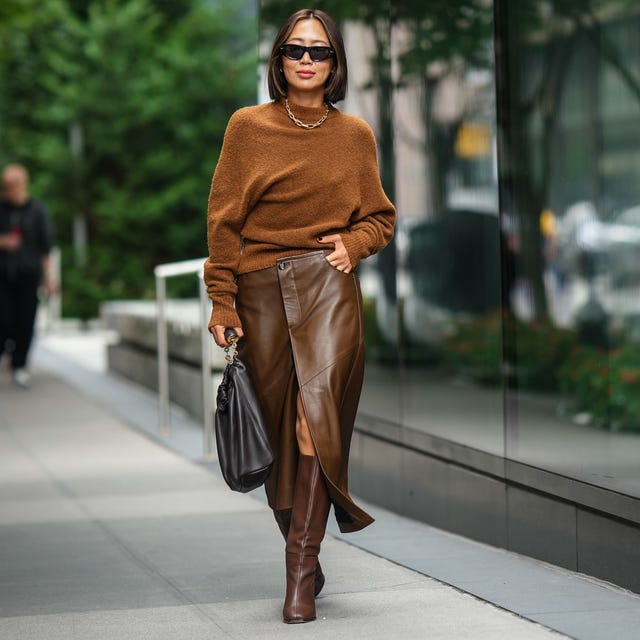 Leather Wrap Skirt and Knit Sweater with Brown Knee-High Boots — Knee High Boots Outfits