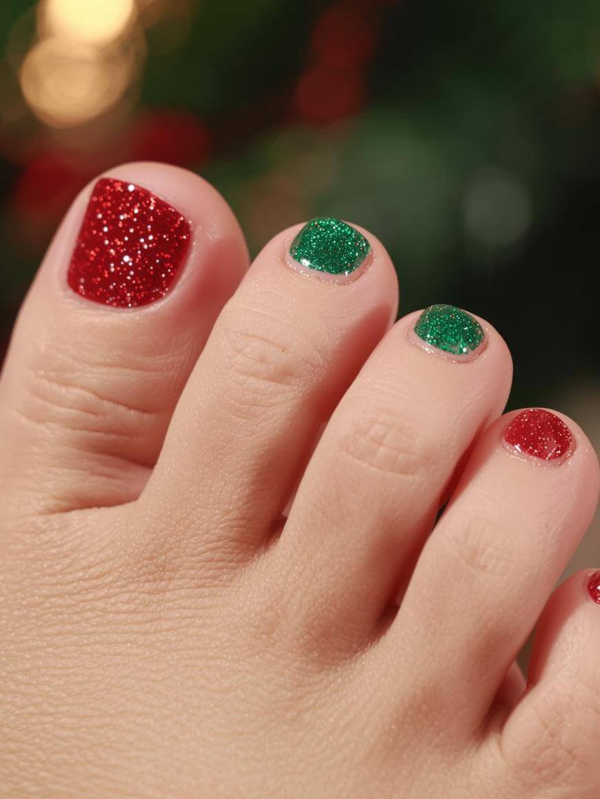 Sparkling Red and Green Glitter Toenails Sparkling Red and Green Glitter Toenails — Winter Toe Nails