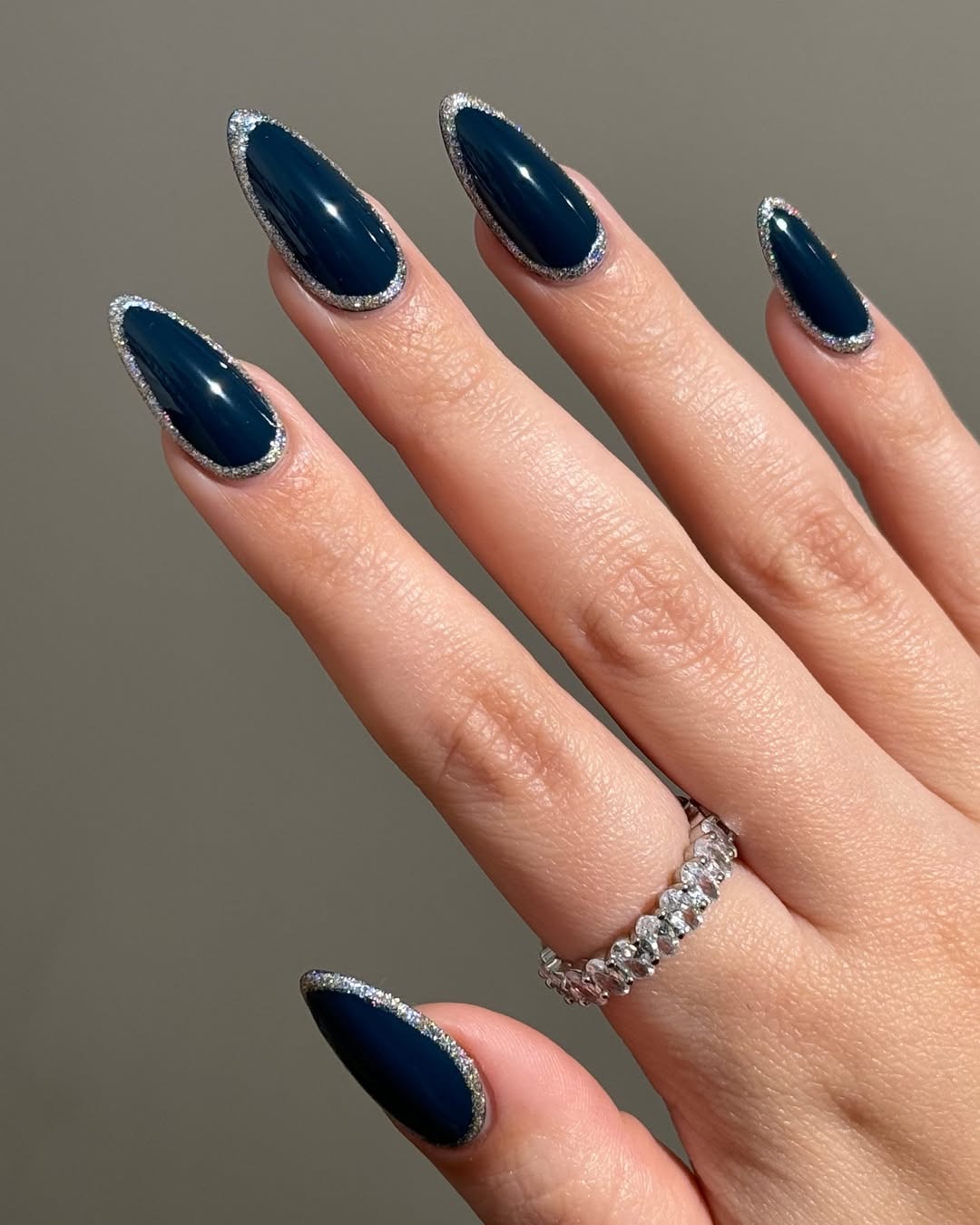 Long Almond Teal Silver Outline Nails — Everyday Winter Nails