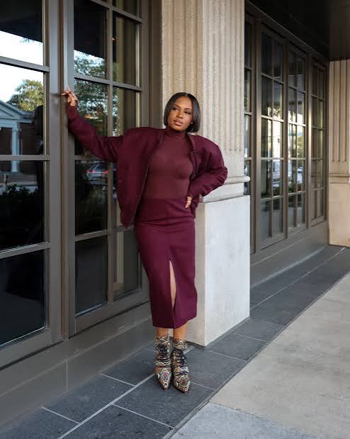 Monochromatic Burgundy Suede Blazer, Turtleneck, and Skirt Ensemble Monochromatic Burgundy Suede Blazer, Turtleneck, and Skirt Ensemble — Burgundy Outfits