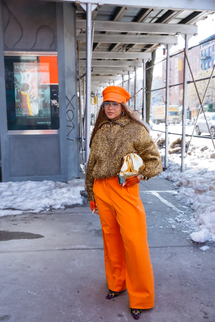 Bold Orange Trousers and Gold Jacket for a Statement City Look Bold Orange Trousers and Gold Jacket for a Statement City Look — NYC Winter Outfits