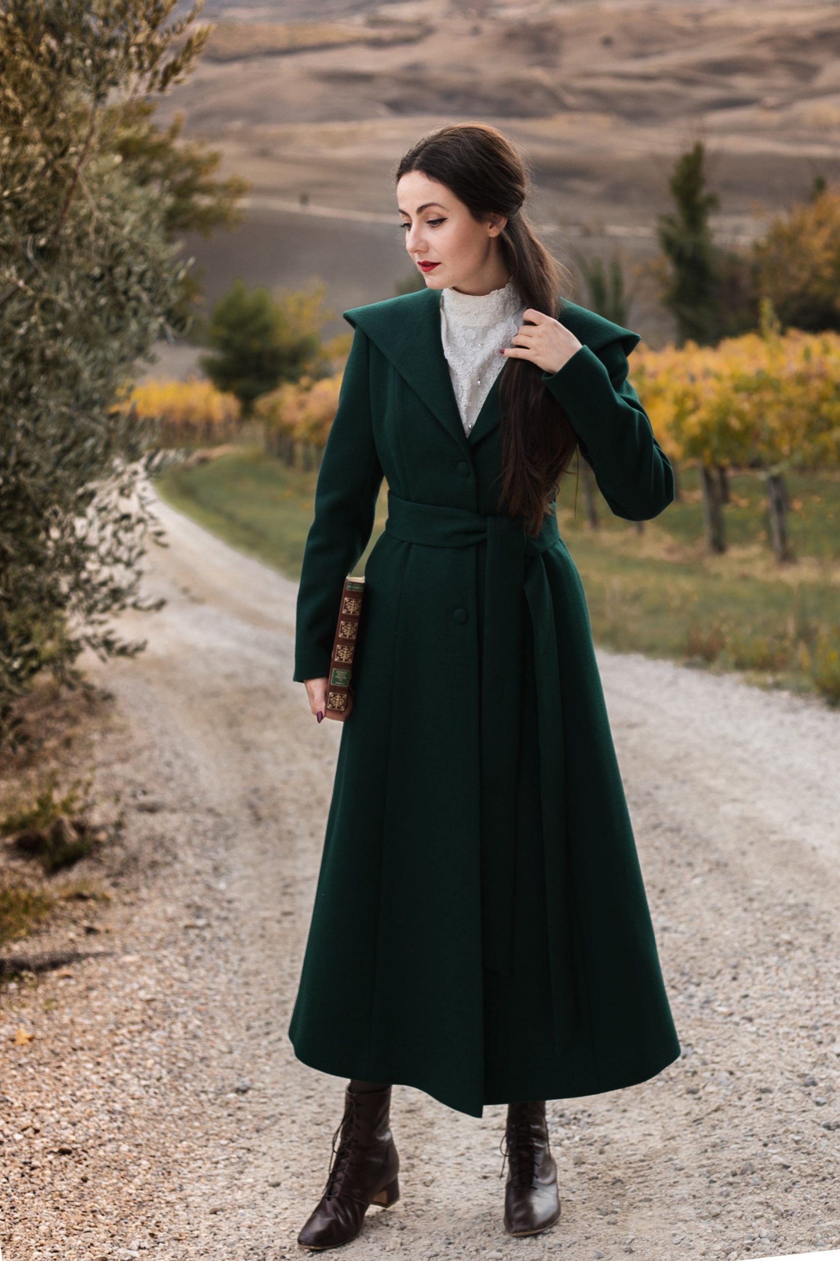 Deep Green Belted Wool Coat with Lace Top Deep Green Belted Wool Coat with Lace Top — Wool Coat Outfits