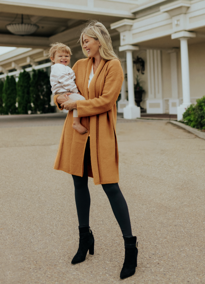 Textured Orange Cardigan Over White Top and Leggings Textured Orange Cardigan Over White Top and Leggings — Winter Maternity Outfits