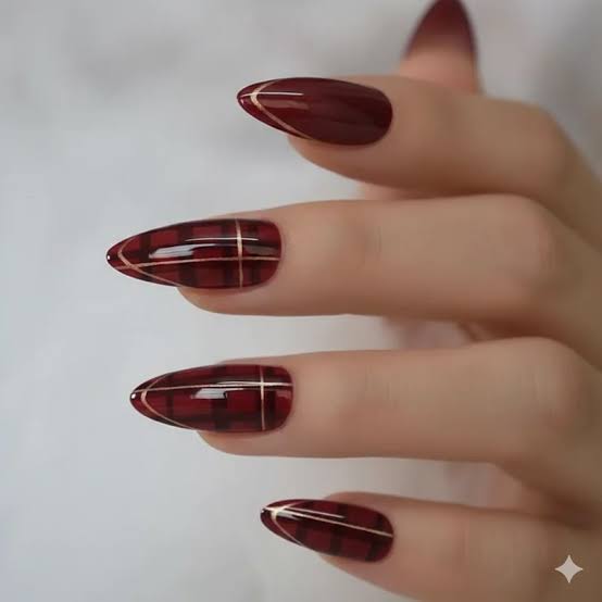 Burgundy Plaid Stiletto Nails — Burgundy Nails