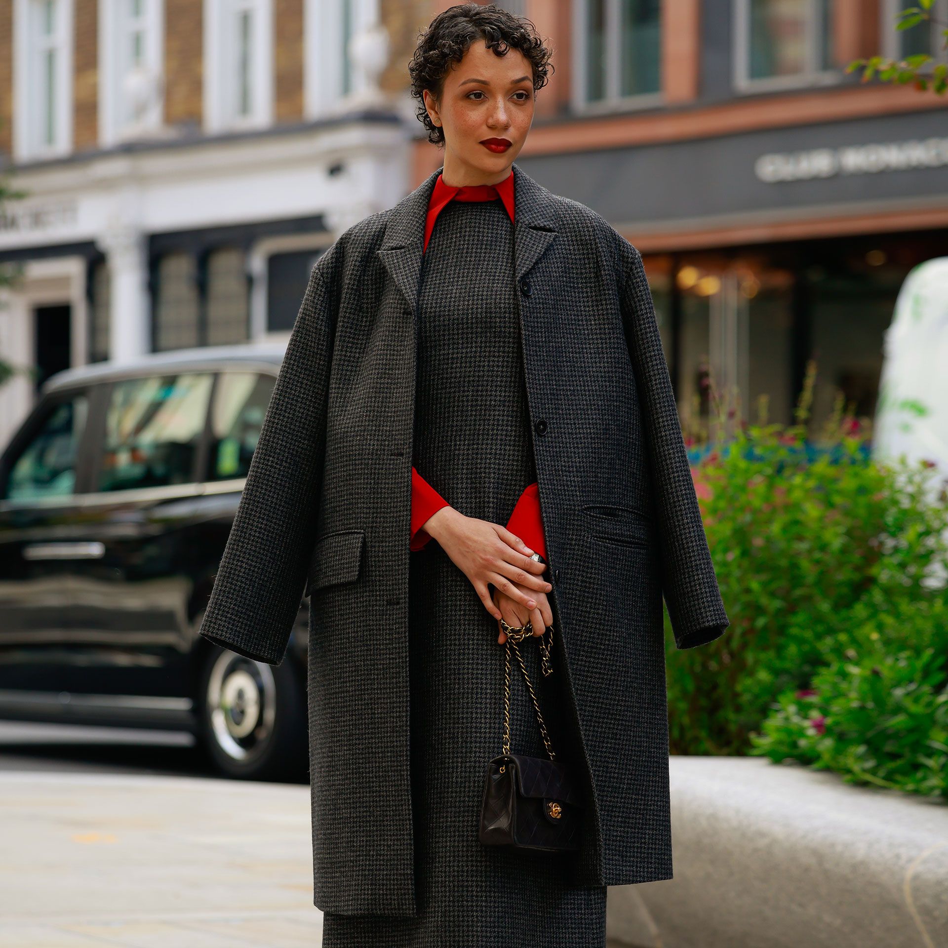 Grey Houndstooth Coat and Dress with Bold Red Turtleneck Grey Houndstooth Coat and Dress with Bold Red Turtleneck — Cold Weather Outfits