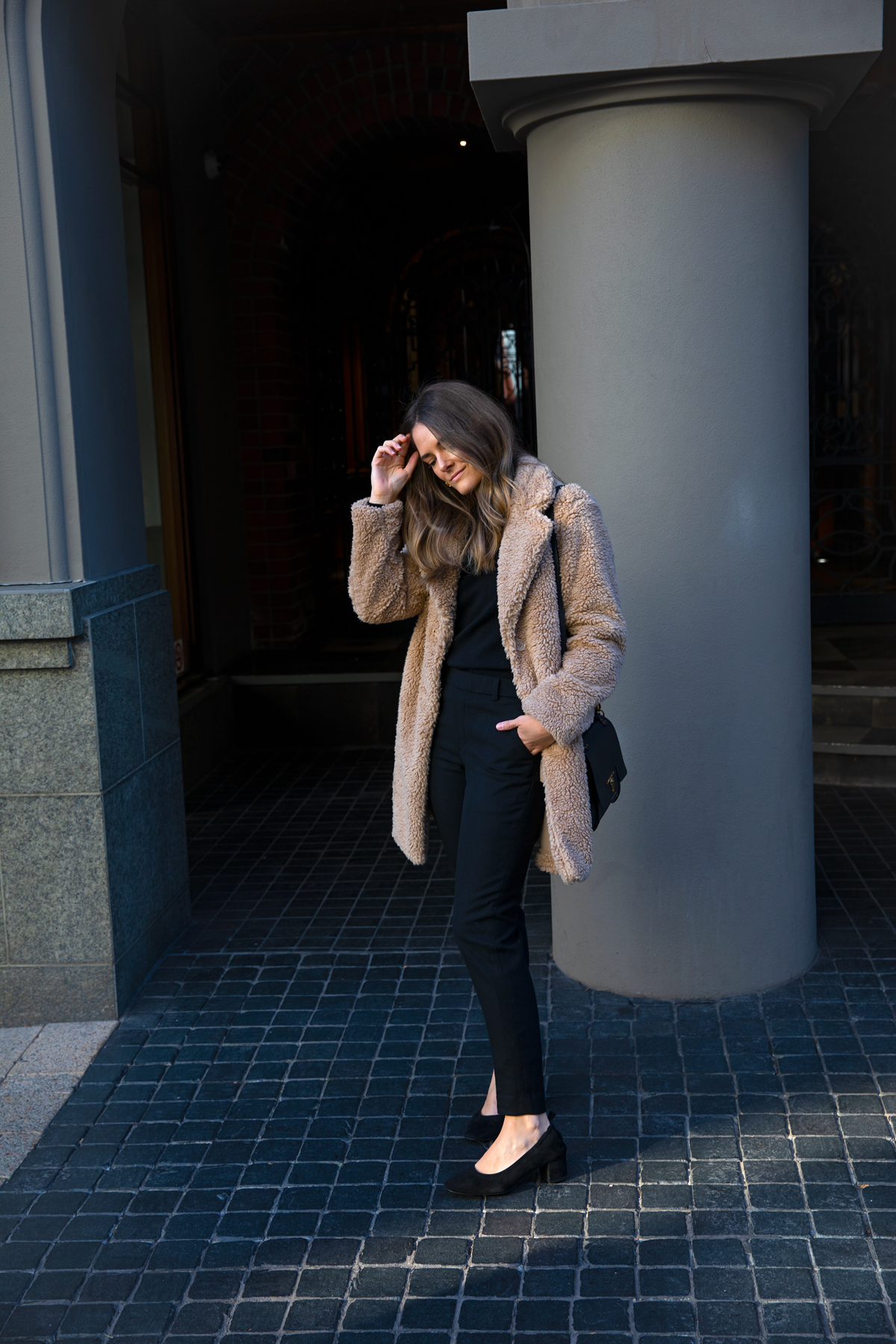 Beige Teddy Coat Over Black Jumpsuit Beige Teddy Coat Over Black Jumpsuit — Teddy Coat Outfits
