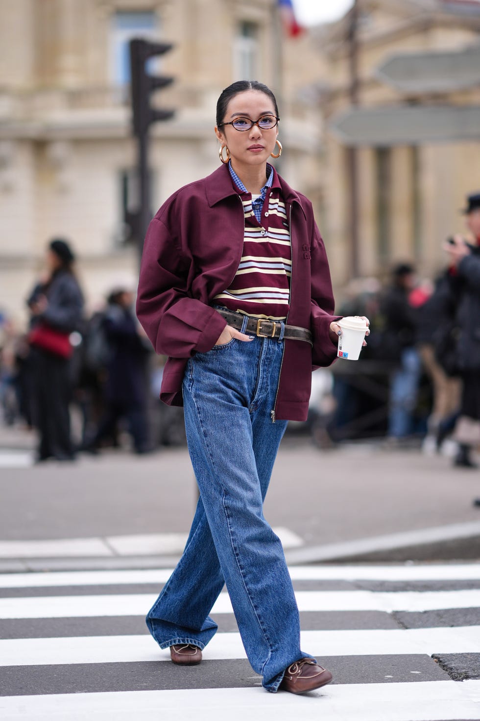 Burgundy Nylon Jacket with Striped Polo and Wide-Leg Jeans Burgundy Nylon Jacket with Striped Polo and Wide-Leg Jeans — Paris Winter Outfits
