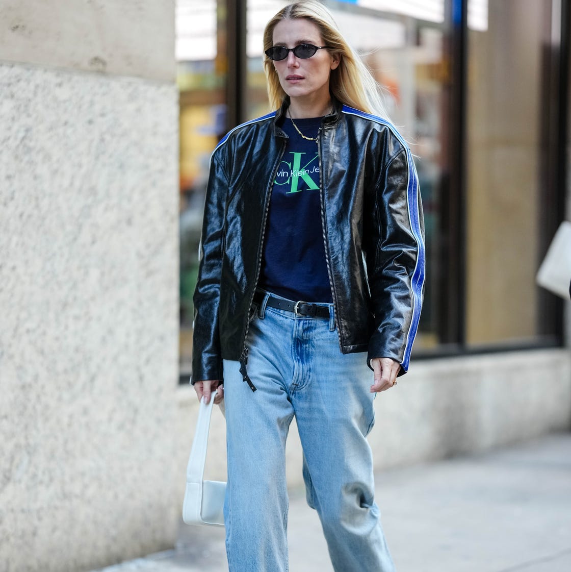 Black Leather Jacket with Racing Stripes Black Leather Jacket with Racing Stripes — Early Winter Outfits