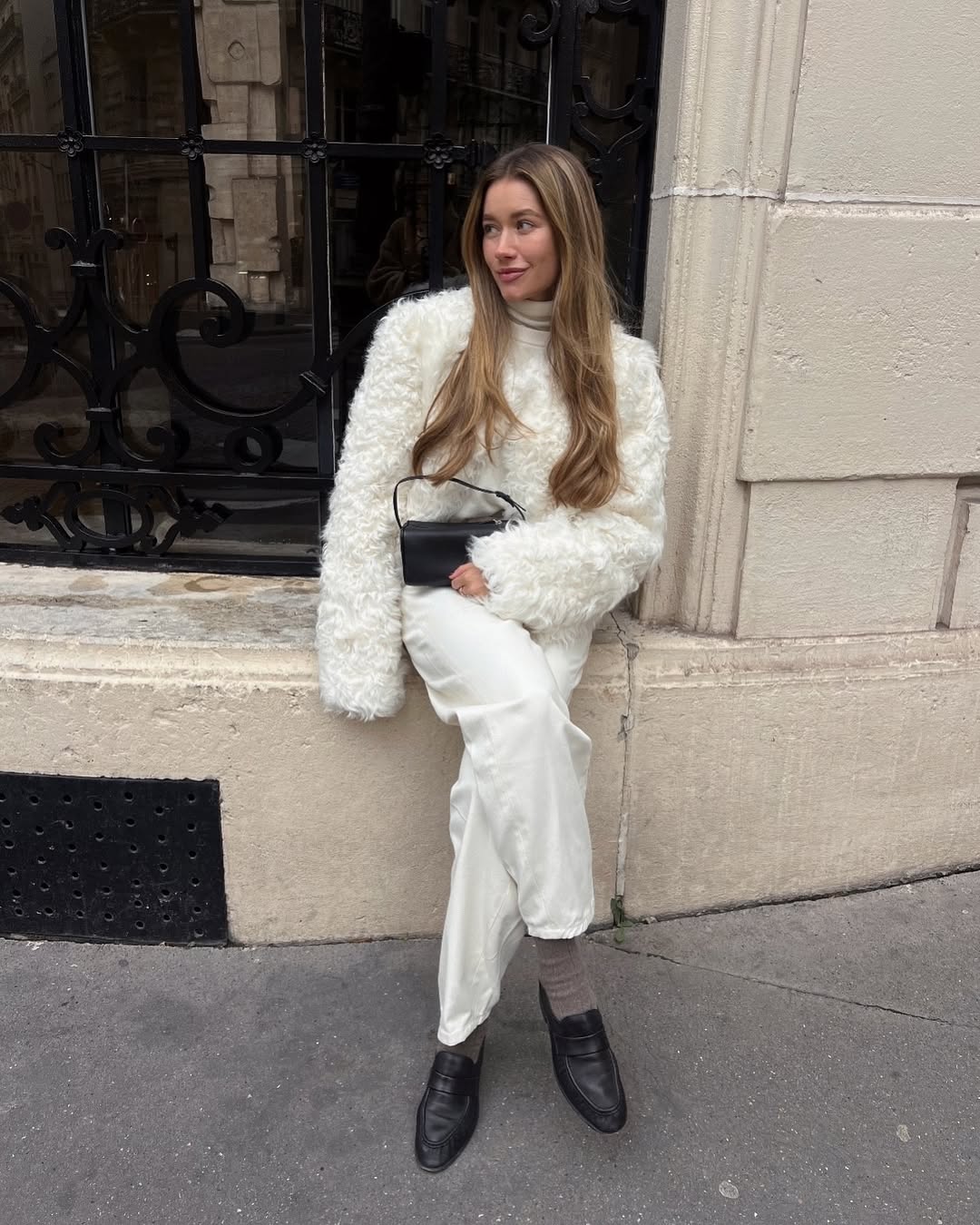 Textured White Faux Fur Jacket Over Monochromatic Outfit — Winter White Outfits