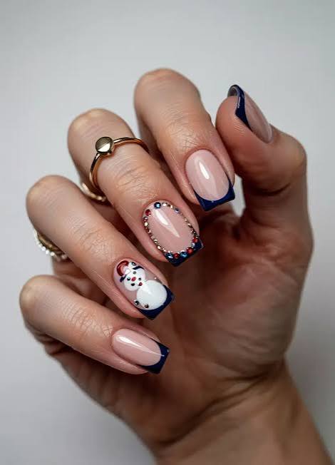 Dark Blue French Tips With Snowman Art — Minimalist Winter Nails