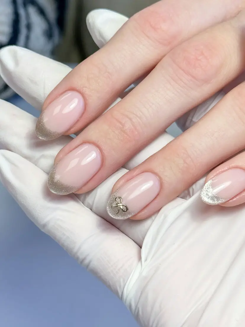 Shimmering Silver French with Bow Charm Shimmering Silver French with Bow Charm — French Nail Designs