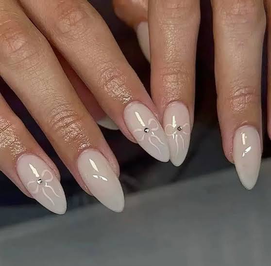 Opaque Milky White Bow Almond Nails Opaque Milky White Bow Almond Nails — Almond Nail Inspo