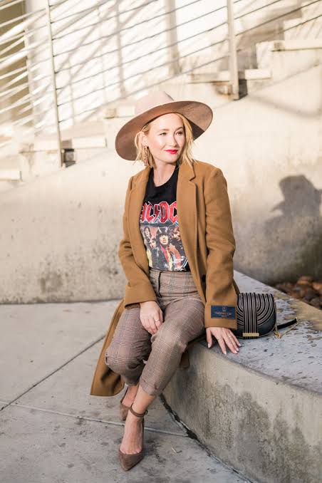 Camel Wool-Blend Coat Over Graphic Tee and Plaid Pants — Neutral Winter Outfits