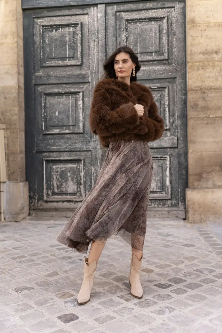 Brown Faux Fur Jacket with Taupe Tulle Skirt for Winter Elegance Brown Faux Fur Jacket with Taupe Tulle Skirt for Winter Elegance — Winter Party Outfits